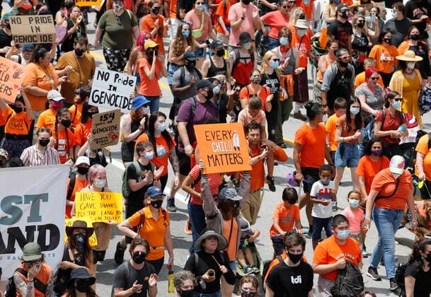 July 1, 2021, Ottawa, on, Canada: Protesters march to Parliament Hill in Ottawa at a Cancel Canada Day protest in response to the discovery of unmarked indigenous graves at residential schools on Thursday, July 1, 2021. Ottawa Canada  - ZUMAc35_ 20210701_zaf_c35_105 Copyright: xPatrickxDoylex