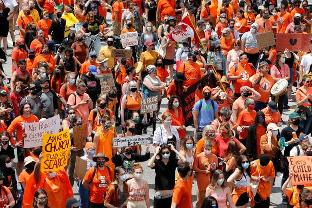July 1, 2021, Ottawa, on, Canada: Protesters march to Parliament Hill in Ottawa at a Cancel Canada Day protest in response to the discovery of unmarked indigenous graves at residential schools on Thursday, July 1, 2021. Ottawa Canada  - ZUMAc35_ 20210701_zaf_c35_107 Copyright: xPatrickxDoylex