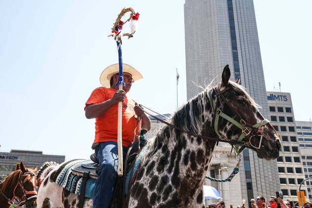 July 1, 2021, Winnipeg, mb, Canada: A man on a horse takes part in a rally in support of residential school survivors and the families of missing and murdered Indigenous children in Winnipeg, Thursday, July 1, 2021. Winnipeg Canada  - ZUMAc35_ 20210701_zaf_c35_140 Copyright: xMikexSudomax