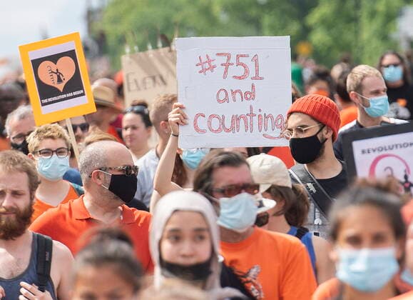July 1, 2021, Montreal, PQ, Canada: People attend a gathering and march to honour Indigenous children, denounce genocide and demand justice for residential school victims in Montreal, Thursday, July 1, 2021. Montreal Canada  - ZUMAc35_ 20210701_zaf_c35_144 Copyright: xGrahamxHughesx