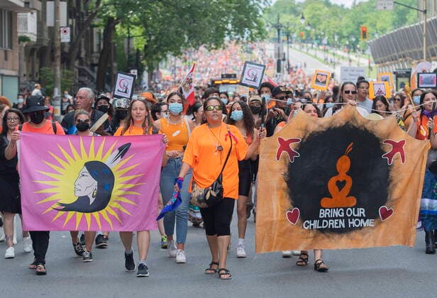 July 1, 2021, Montreal, PQ, Canada: People attend a gathering and march to honour Indigenous children, denounce genocide and demand justice for residential school victims in Montreal, Thursday, July 1, 2021. Montreal Canada  - ZUMAc35_ 20210701_zaf_c35_209 Copyright: xGrahamxHughesx