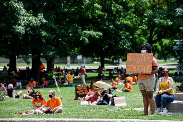 July 1, 2021, Toronto, on, Canada: Demonstrators participate in a sit-in at QueenÃ¢â‚¬â ¢s Park in Toronto as part of a Ã¢â‚¬oeCancel Canada DayÃ¢â‚¬Â action in solidarity with Indigenous people, on Thursday, July 1, 2021. Toronto Canada  - ZUMAc35_ 20210701_zaf_c35_208 Copyright: xChristopherxKatsarovx