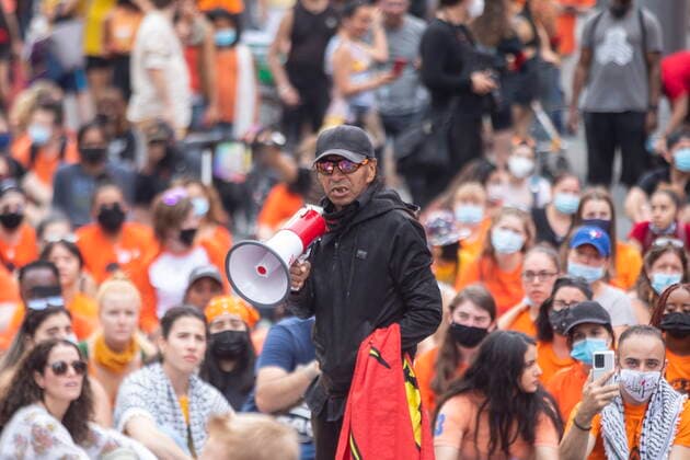 July 1, 2021, Toronto, on, Canada: Gary a Residential School survivor speaks to the gathered crowd during a Cancel Canada Day rally in Toronto, on Thursday, July 1, 2021 to honour former residential school victims. Toronto Canada  - ZUMAc35_ 20210701_zaf_c35_218 Copyright: xChrisxYoungx