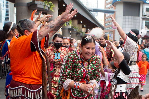July 1, 2021, Toronto, on, Canada: People take part in a two step dance during a Cancel Canada Day rally in Toronto, on Thursday, July 1, 2021 to honour former residential school victims. Toronto Canada  - ZUMAc35_ 20210701_zaf_c35_272 Copyright: xChrisxYoungx