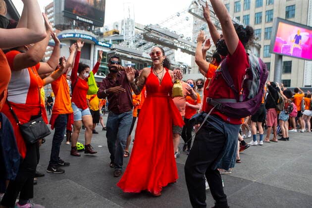 July 1, 2021, Toronto, on, Canada: People take part in a two step dance during a Cancel Canada Day rally in Toronto, on Thursday, July 1, 2021 to honour former residential school victims. Toronto Canada  - ZUMAc35_ 20210701_zaf_c35_273 Copyright: xChrisxYoungx