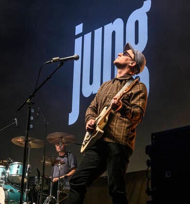The Danish band Jung with Jonas Jung in front plays up to Havefest paa Plaenen in Tivoli on Friday 2 July 2021 with the audience divided into two sections Havefest replaces Fredagsrock, which has been canceled due to Covid 19 Corona crisis Photo Torben Christensen @ Copenhagen, Copenhagen  Copyright: TorbenxChristensen TorbenxChristensenx COP106 spdk20210703-010100-L
