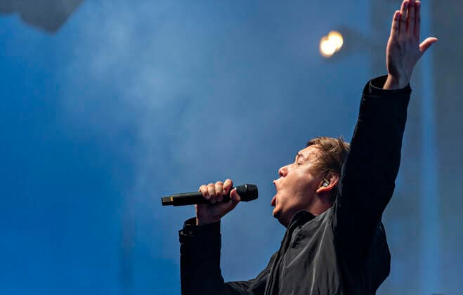 The Danish band Jung with Jonas Jung in front plays up to Havefest paa Plaenen in Tivoli on Friday 2 July 2021 with the audience divided into two sections Havefest replaces Fredagsrock, which has been canceled due to Covid 19 Corona crisis Photo Torben Christensen @ Copenhagen, Copenhagen  Copyright: TorbenxChristensen TorbenxChristensenx COP106 spdk20210703-010208-L