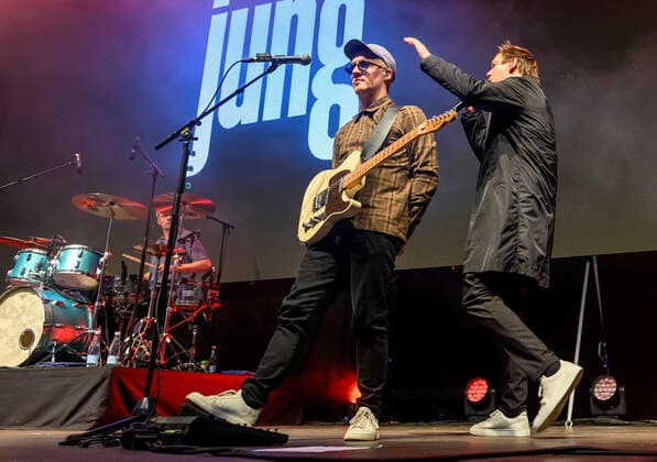 The Danish band Jung with Jonas Jung in front plays up to Havefest paa Plaenen in Tivoli on Friday 2 July 2021 with the audience divided into two sections Havefest replaces Fredagsrock, which has been canceled due to Covid 19 Corona crisis Photo Torben Christensen @ Copenhagen, Copenhagen  Copyright: TorbenxChristensen TorbenxChristensenx COP106 spdk20210703-010225-L