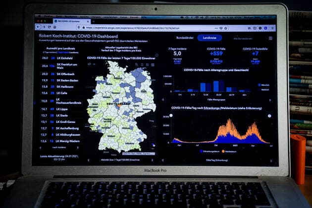 Coronavirus in Germany Covid 19 Dashboard of the Robert Koch Institute 04 07 2021 Robert Koch Institute 7 days Incidence 5.0 7 days Number of cases 4 167 COVID 19 cases 3 730 912 Addition of 559 compared to the previous day COVID 19 deaths 91 030 Addition of 7 compared to the previous day