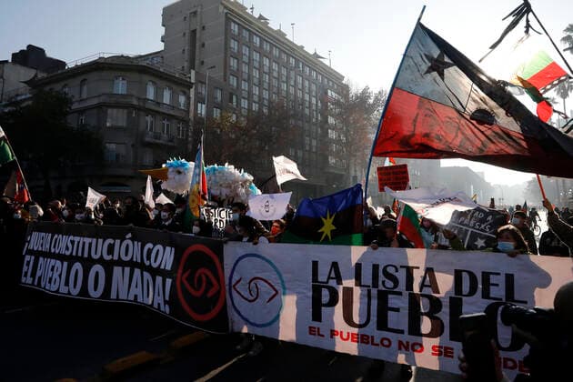 Santiago, July 4, 2021 Adherents of the Peoples List, along with their elected convenors, gather to march from Baquedano Square to the former National Congress where the first session of the Constituent Assembly will be held Andres Pina Aton Chile, Santiago Chile Aton 522635  Copyright: ANDRESxPINA ATONxCHILE