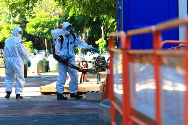 July 5, 2021, Taipei, Taipei, Taiwan: Chemical troop officers with personal protective equipment disinfect a vaccination centre in Taipei, as the island is combating an outbreak with a increasing number of infections and deaths of Covid-19. The island has previously reported cases of Covid delta variant while facing shortage of vaccines that a nationwide level 3 Covid-19 alert has been extended. Taipei Taiwan - ZUMAs313 20210705_zip_s313_022 Copyright: xDanielxCengxShou-Yix