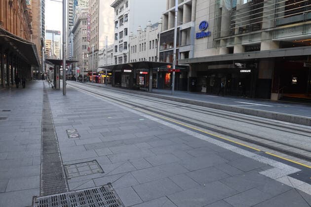 NSW CORONAVIRUS COVID19, A near empty George Street is seen in the central business district in Sydney, Wednesday, July 7, 2021. Media sources are reporting that the NSW government is to confirm the greater Sydney lockdown will be extended by a week as the state?s case numbers refuse to drop into the single digits. ( NO ARCHIVING, EDITORIAL USE ONLY, NO USE IN BOOKS WITHOUT CONSENT SYDNEY NSW AUSTRALIA  Copyright: xMICKxTSIKASx 20210707001555374548