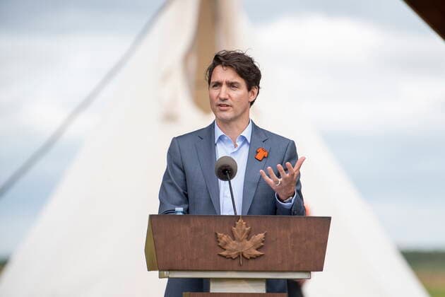 July 6, 2021, Cowessess First Nation, SK, Canada: Prime Minister Justin Trudeau speaks during a ceremony celebrating the signing of a transfer of control over children in care to the community, in Cowessess First Nation, Sask., Tuesday, July 6, 2021. Cowessess is also the site of a former residential school where, last month, ground-penetrating radar detected a potential 751 unmarked graves. Cowessess First Nation Canada - ZUMAc35_ 20210706_zaf_c35_070 Copyright: xLiamxRichardsx