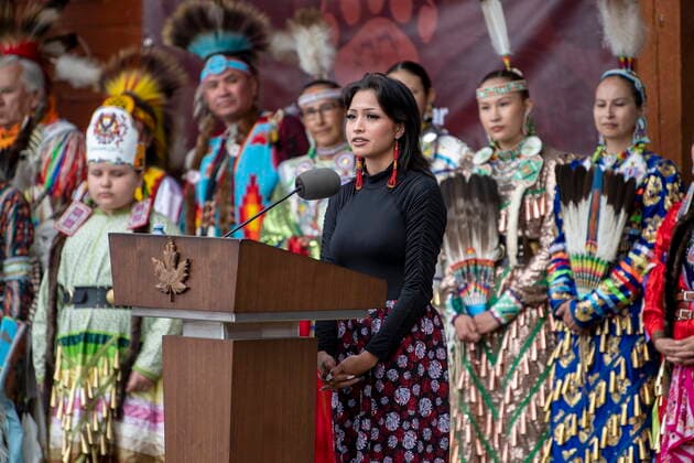 July 6, 2021, Cowessess First Nation, SK, Canada: Mia Buckles, the chair of the Cownessess Youth Concile, speaks during a signing ceremony as part of a transfer of control over children in care to the community, in Cowessess First Nation, Sask., Tuesday, July 6, 2021. Cowessess is also the site of a former residential school where, last month, ground-penetrating radar detected a potential 751 unmarked graves. Cowessess First Nation Canada - ZUMAc35_ 20210706_zaf_c35_074 Copyright: xLiamxRichardsx