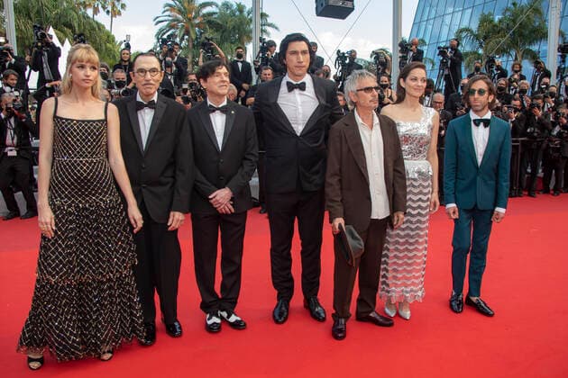 Angele, Simon Helberg, Marion Cotillard, director Leos Carax, Adam Driver, Russell Mael and Ron Mael attend the Annette screening and opening ceremony during the 74th annual Cannes Film Festival on July 06, 2021 in Cannes, France. Photo: Franck Boham imageSPACE Copyright: ximageSPACEx