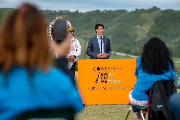 July 6, 2021, Cowessess First Nation, SK, Canada: Prime Minister Justin Trudeau speaks during a ceremony at the site of a former residential school where, last month, ground-penetrating radar detected a potential 751 unmarked graves, in Cowessess First Nation, Sask., Tuesday, July 6, 2021. Cowessess First Nation Canada - ZUMAc35_ 20210706_zaf_c35_092 Copyright: xLiamxRichardsx