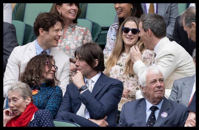 . 07 07 2021. London, United Kingdom. James Norton talks to Hannah Redmayne and Eddie Redmayne in the Royal Box on day nine of the Wimbledon Tennis Championships in London.  xStephenxLockx xi-Imagesx IIM-22370-0097