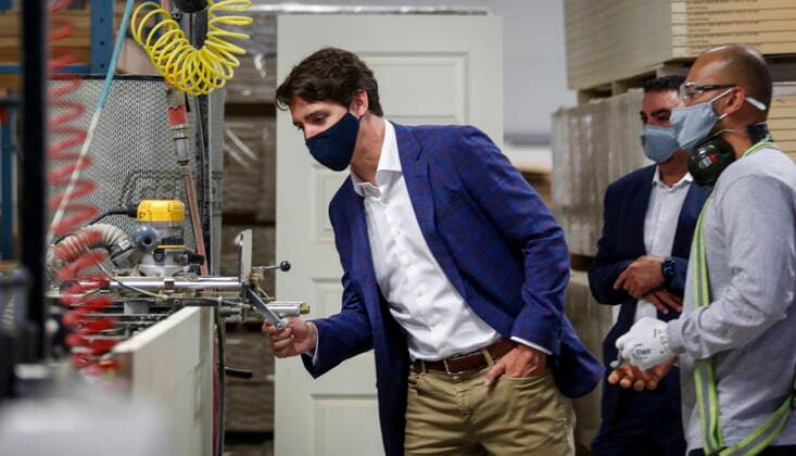 July 7, 2021, Calgary, ab, Canada: Prime Minister Justin Trudeau tours the AAA Door company in Calgary, Alta., Wednesday, July 7, 2021. Calgary Canada  - ZUMAc35_ 20210707_zaf_c35_003 Copyright: xJeffxMcintoshx