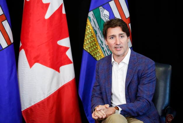 July 7, 2021, Calgary, ab, Canada: Prime Minister Justin Trudeau speaks as he meets with Alberta Premier Jason Kenney in Calgary, Alta., Wednesday, July 7, 2021. Calgary Canada  - ZUMAc35_ 20210707_zaf_c35_010 Copyright: xJeffxMcintoshx