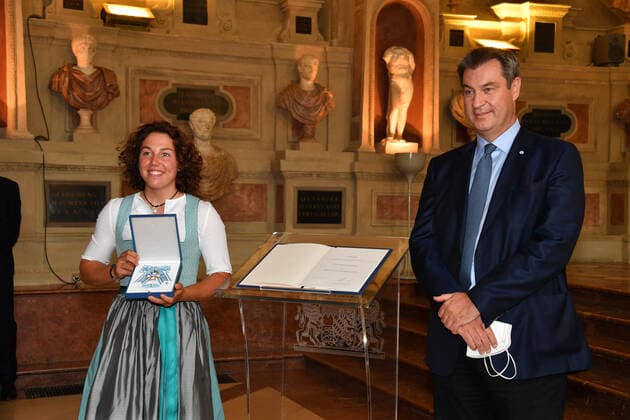 Laura Dahlmeier and Dr Markus Söder Bavarian Prime Minister Award of the Bavarian Order of Merit 2021 Honour, Award Antiquarium Residenz Munich 08 July 2021