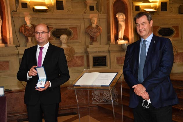 Albert Füracker Bavarian Minister of Finance and Dr Markus Söder Bavarian Minister President Award of the Bavarian Order of Merit 2021 Honour, Award Antiquarium Residenz Munich 08 July 2021