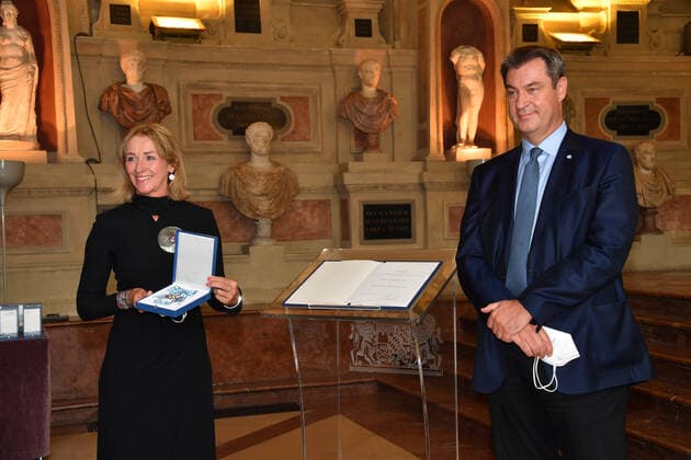 Michaela Gerg and Dr Markus Söder Bavarian Prime Minister Award of the Bavarian Order of Merit 2021 Honour, Award Antiquarium Residenz Munich 08 July 2021