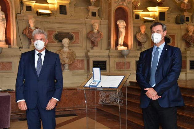 Dieter Reiter Lord Mayor of Munich and Dr Markus Söder Bavarian Prime Minister Award of the Bavarian Order of Merit 2021 Honour, Award Antiquarium Residenz Munich 08 July 2021