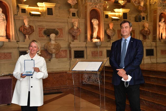 Marianne Wille and Dr Markus Söder Bavarian Prime Minister Award of the Bavarian Order of Merit 2021 Honour, Award Antiquarium Residenz Munich 08 July 2021