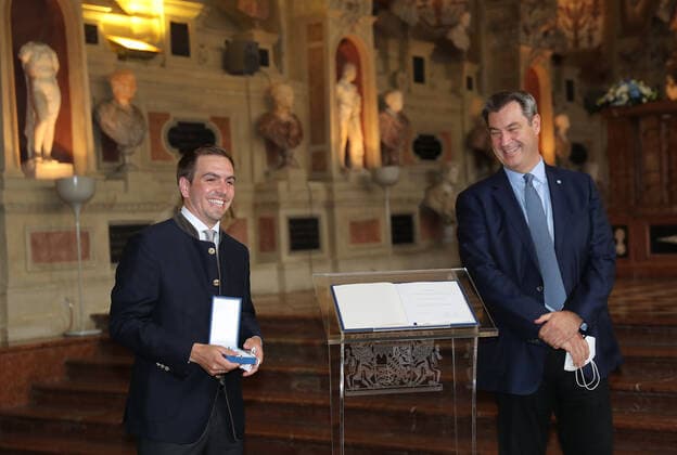 Award of the Bavarian Order of Merit 2020 in the Antiquarium of the Munich Residence by the Bavarian Prime Minister Dr Markus Söder Prime Minister Dr Markus Söder awards the Bavarian Order of Merit to Philipp Lahm, Munich Bavaria Germany Antiquarium of the Munich Residence