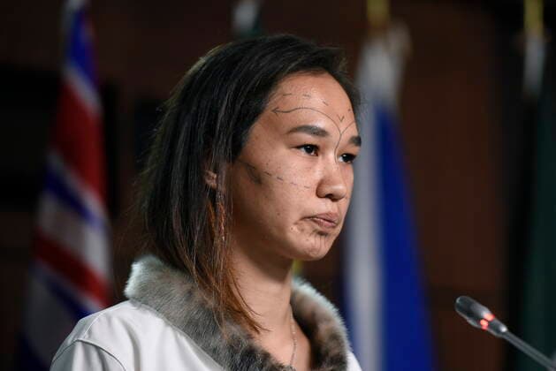 July 8, 2021, Ottawa, on, Canada: NDP MP Mumilaaq Qaqqaq speaks during a news conference calling on Minister of Justice David Lametti to investigate crimes against Indigenous people in Canada at residential schools, on Parliament Hill in Ottawa, on Thursday, July 8, 2021. Ottawa Canada  - ZUMAc35_ 20210708_zaf_c35_001 Copyright: xJustinxTangx