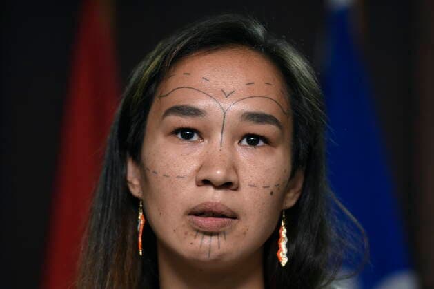 July 8, 2021, Ottawa, on, Canada: NDP MP Mumilaaq Qaqqaq speaks during a news conference calling on Minister of Justice David Lametti to investigate crimes against Indigenous people in Canada at residential schools, on Parliament Hill in Ottawa, on Thursday, July 8, 2021. Ottawa Canada  - ZUMAc35_ 20210708_zaf_c35_006 Copyright: xJustinxTangx