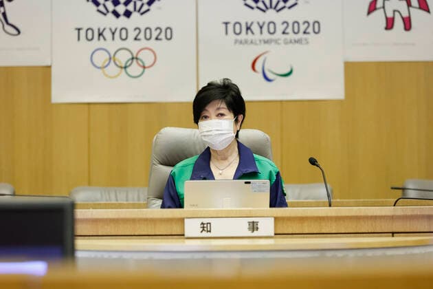 July 8, 2021, Tokyo, Japan: Tokyo Governor Yuriko Koike attends a Tokyo COVID-19 meeting at the Tokyo Metropolitan Government building. Japanese Prime Minister Yoshihide Suga announced a state of emergency in Tokyo, which will run throughout the Olympic Games to curb a recent surge of coronavirus infections. Tokyo confirmed 896 new cases of COVID-19 on Thursday. Tokyo Japan - ZUMAz114 20210708_zih_z114_015 Copyright: xPOOLx