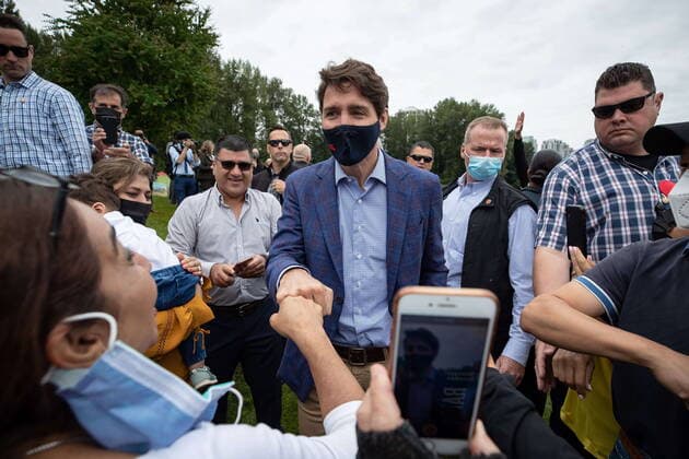 July 8, 2021, Coquitlam, BC, Canada: Prime Minister Justin Trudeau greets people in the crowd as he arrives for an announcement and news conference at Lafarge Lake Park, in Coquitlam, B.C., on Thursday, July 8, 2021. Coquitlam Canada  - ZUMAc35_ 20210708_zaf_c35_034 Copyright: xDarrylxDyckx