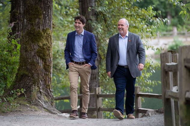 July 8, 2021, Coquitlam, BC, Canada: Prime Minister Justin Trudeau, left, and B.C. Premier John Horgan arrive for an announcement and news conference at Lafarge Lake Park, in Coquitlam, B.C., on Thursday, July 8, 2021. Coquitlam Canada - ZUMAc35_ 20210708_zaf_c35_044 Copyright: xDarrylxDyckx