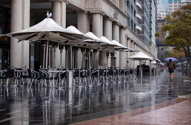 (210709) -- SYDNEY, July 9, 2021 -- A woman walks past an empty dining area in Sydney, Australia, on July 9, 2021. Australia s state of New South Wales Friday announced to further tighten restrictions on Greater Sydney and surrounding areas as the state continues to see a surge in daily increase of COVID-19 cases. ) AUSTRALIA-SYDNEY-COVID-19-RESTRICTIONS-TIGHTENING BaixXuefei 