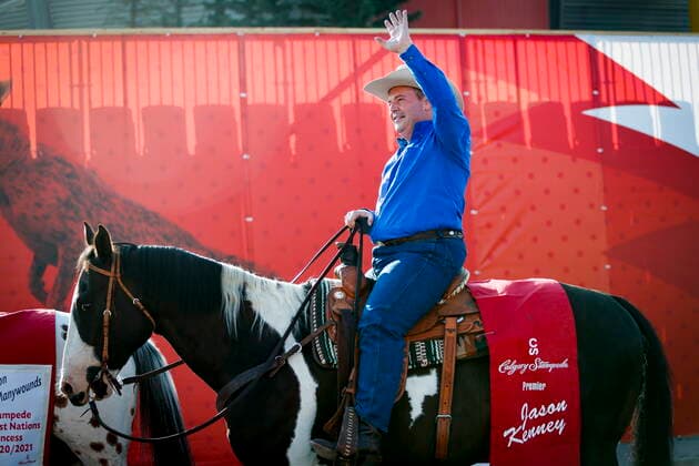 July 9, 2021, Calgary, ab, Canada: Alberta Premier Jason Kenney rides in the Calgary Stampede parade in Calgary, Alta., Friday, July 9, 2021. Calgary Canada  - ZUMAc35_ 20210709_zaf_c35_004 Copyright: xJeffxMcintoshx