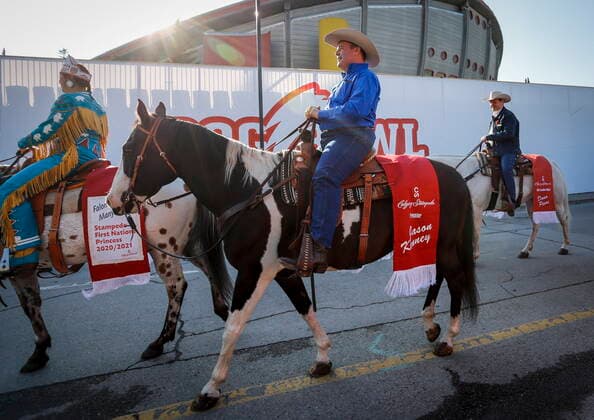 July 9, 2021, Calgary, ab, Canada: Alberta Premier Jason Kenney rides in the Calgary Stampede parade in Calgary, Alta., Friday, July 9, 2021. Calgary Canada  - ZUMAc35_ 20210709_zaf_c35_011 Copyright: xJeffxMcintoshx
