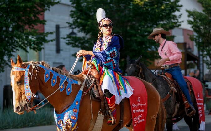 July 9, 2021, Calgary, ab, Canada: Calgary Stampede parade marshal Katari Right Hand leads the Calgary Stampede parade in Calgary, Alta., Friday, July 9, 2021. Calgary Canada  - ZUMAc35_ 20210709_zaf_c35_013 Copyright: xJeffxMcintoshx