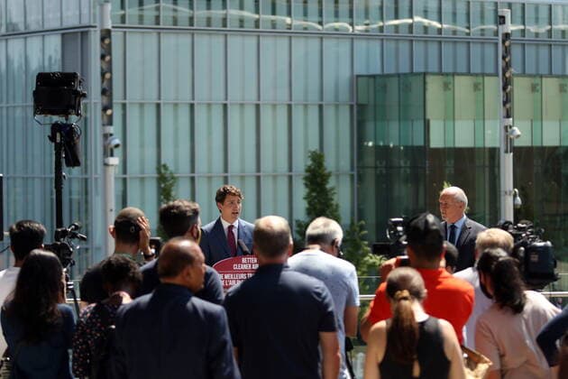 July 9, 2021, Surrey, BC, Canada: Prime Minister Justin Trudeau and Premier John Horgan take answer questions following a transit announcement during a press conference at Surrey City Hall in Surrey, B.C., on Friday, July 9, 202. Surrey Canada  - ZUMAc35_ 20210709_zaf_c35_038 Copyright: xChadxHipolitox