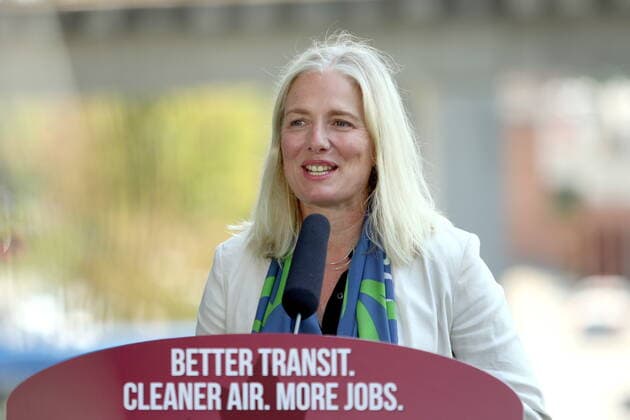 July 9, 2021, Surrey, BC, Canada: Minister of Infrastructure and Communities Catherine McKenna talks about the recent transit announcement during a press conference at Surrey City Hall in Surrey, B.C., on Friday, July 9, 2021. Surrey Canada  - ZUMAc35_ 20210709_zaf_c35_045 Copyright: xChadxHipolitox