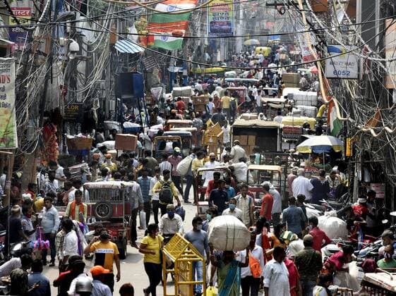 NEW DELHI, INDIA - JULY 9: Heavy rush for people shopping at Sadar Bazar Market Main road on July 9, 2021 in New Delhi, India. Despite Delhi Disaster Management Authority closing many markets in Delhi for flouting Covid rules, there is no adherence to social distancing and other protocols in market.(Photo by Sonu Mehta Hindustan Times) Shoppers Flouting Covid Rules In Markets In Delhi