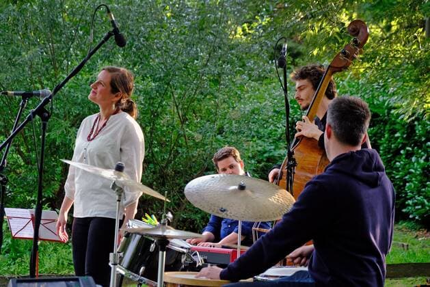 Sara Decker with band at LuFo Park Aachen, 09 07 2021 Jazz concert by Sara Decker with band Presentation of the new album poetryfied with poem settings by a.o. Mascha Kaleko and Rainer Maria Rilke The band consists of Sara Decker vocals, composition , Billy Test piano , Nicolai Amrehn bass , Jeroen Truyen drums Aachen LuFo Park NRW Germany