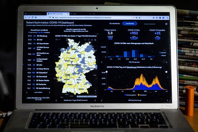 Coronavirus in Germany Covid 19 Dashboard of the Robert Koch Institute 10 07 2021 Robert Koch Institute 7 days Incidence 5.8 7 days Number of cases 4 860 COVID 19 cases 3 735 420 Addition of 952 compared to previous day COVID 19 deaths 91 225 Addition of 35 compared to previous day