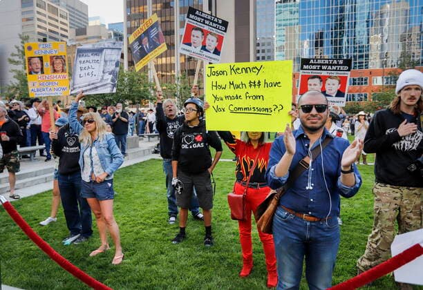 July 12, 2021, Calgary, ab, Canada: Protesters shout slogans as Alberta Premier Jason Kenney hosts the Premier s annual Stampede breakfast in Calgary, Alta., Monday, July 12, 2021. Calgary Canada  - ZUMAc35_ 20210712_zaf_c35_015 Copyright: xJeffxMcintoshx