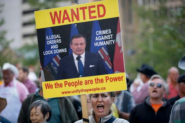 July 12, 2021, Calgary, ab, Canada: Protesters shout slogans as Alberta Premier Jason Kenney hosts the Premier s annual Stampede breakfast in Calgary, Alta., Monday, July 12, 2021. Calgary Canada  - ZUMAc35_ 20210712_zaf_c35_022 Copyright: xJeffxMcintoshx