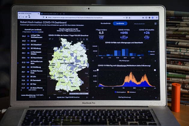 Coronavirus in Germany Covid 19 Dashboard of the Robert Koch Institute 13 07 2021 Robert Koch Institute 7 days Incidence 6.5 7 days Number of cases 5 399 COVID 19 cases 3 737 135 Addition of 646 compared to previous day COVID 19 deaths 91 259 Addition of 26 compared to previous day