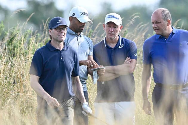 Prince Daniel playing golf together with Stephan Rimér, former tennis professional Thomas Johansson and Fabrice Pastor during the annual Victoria Golf during the annual Victoria Golf at Ekerum golf course, Borgholm, Oland, Sweden, July 13, 2021 BORGHOLM Sweden ttexport x62360x,  Copyright: xMikaelxFritzon TTx VICTORIA GOLF TOURNAMENT 2021