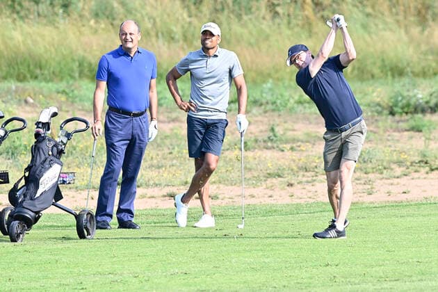 Prince Daniel playing golf together with Fabrice Pastor and Stephan Rimér during the annual Victoria Golf during the annual Victoria Golf at Ekerum golf course, Borgholm, Oland, Sweden, July 13, 2021 BORGHOLM Sweden ttexport x62360x,  Copyright: xMikaelxFritzon TTx VICTORIA GOLF TOURNAMENT 2021