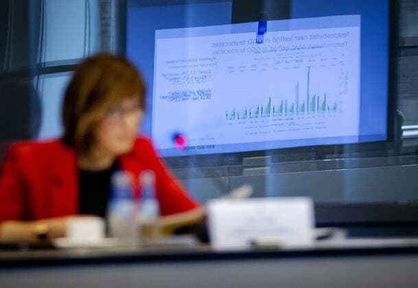THE HAGUE Aura Timen head of the National Coordination of Infectious Disease Control at the RIVM , with the ascending graph in the background, in the House of Representatives during a technical briefing about the corona virus The infection figures have risen rapidly again, so that the cabinet has decided to tighten up the corona measures again ANP ROBIN VAN LONKHUIJS  Copyright: xHollandsexHoogtex xxANPx x433842709x