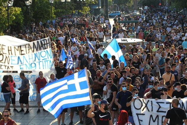 Coronavirus in Griechenland, Protest gegen Coronamaßnahmen in Athen July 14, 2021, Athens, Greece: Protesters in Athens have gathered to oppose government s new Covid 19 measures. Athens Greece - ZUMAv62_ 20210714_zaf_v62_002 Copyright: xAristidisxVafeiadakisx